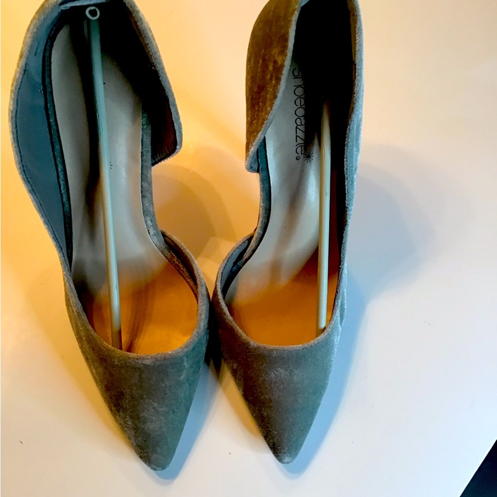 Gray velvet heels, and a size 8 1/2 4.75 inch heel